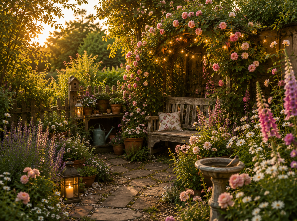 A hidden secret garden corner with a rustic wooden bench beneath climbing roses, surrounded by wildflowers, vintage terracotta pots, a small bird bath, and soft fairy lights. Peaceful storybook atmosphere, warm golden-hour lighting