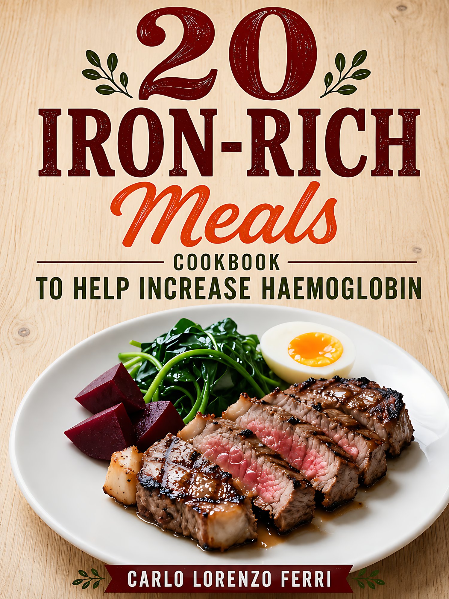 Cookbook cover for 20 Iron-Rich Meals to Help Increase Haemoglobin Naturally by Carlo Lorenzo Ferri, featuring a plate of sliced steak with green vegetables.