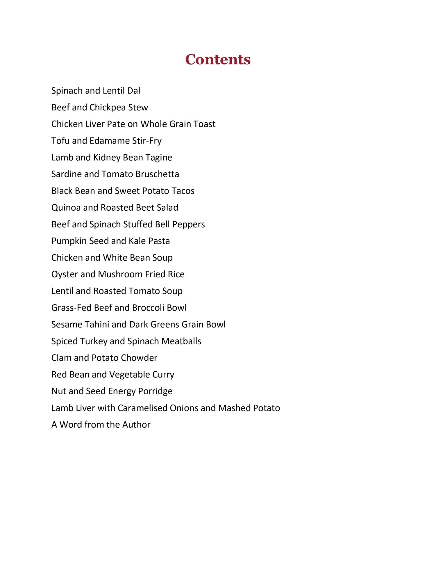 Table of contents preview showing the full list of 20 iron-rich recipes and meals for an iron deficiency anemia diet plan.