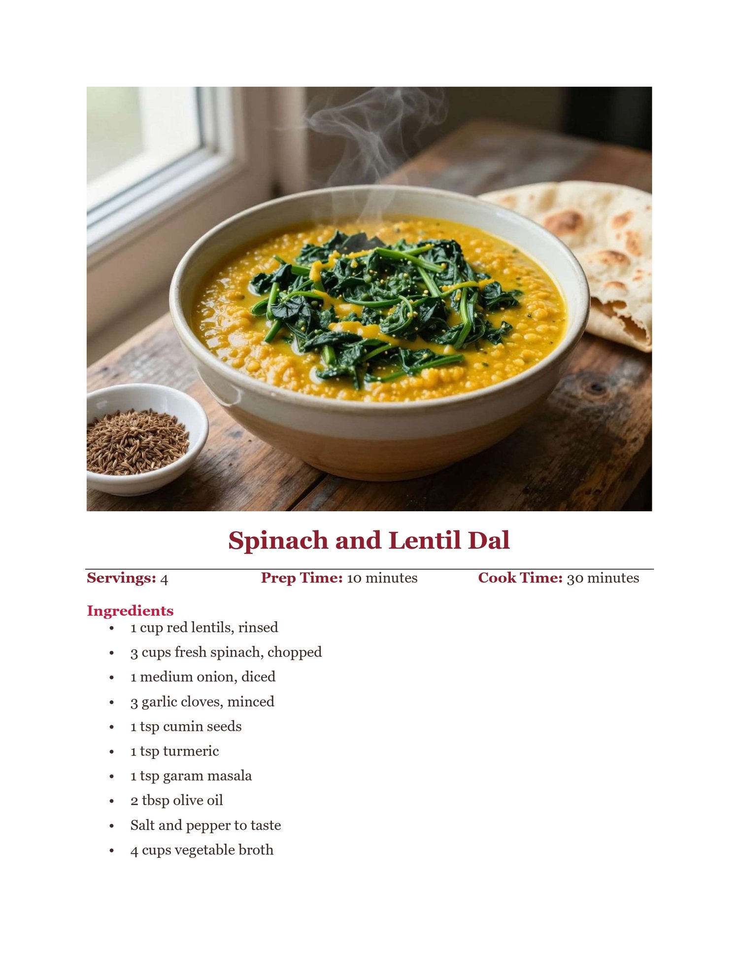 Inside page preview of the iron-rich cookbook showing the Spinach and Lentil Dal recipe, an example of a plant-based meal to help boost iron levels naturally.