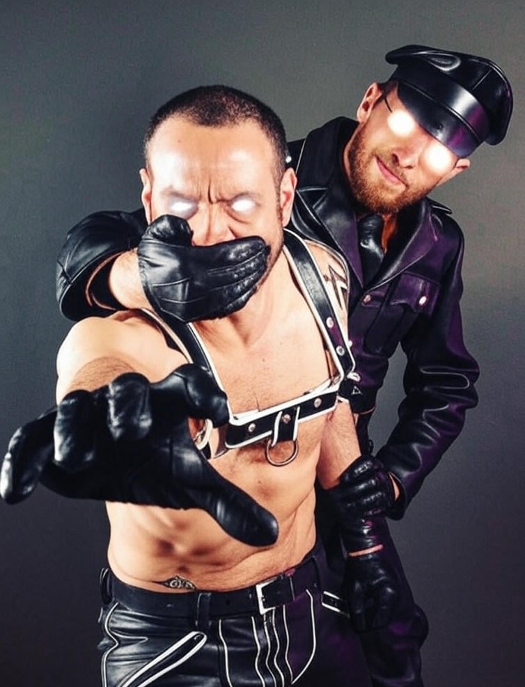 Leatherman wearing harness with leather gloves over mouth by geared up Master