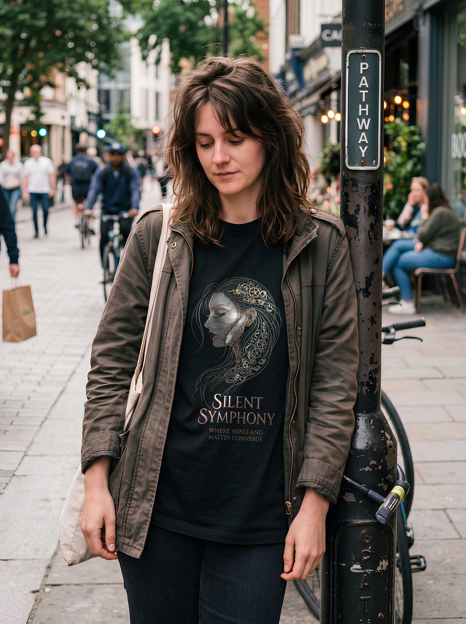 A woman with wavy brown hair stands on a busy city sidewalk, wearing a black graphic t-shirt under an open olive green jacket. Her t-shirt features a metallic, steampunk-style side profile of a woman with clockwork gears and text that reads "Silent Sympho