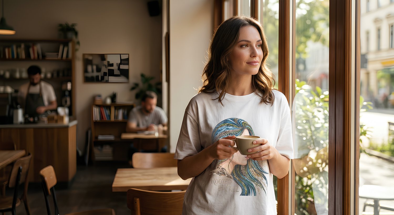 A woman with wavy brown hair stands in a sunlit coffee shop holding a ceramic mug and looking out a large window. She is wearing a white graphic t-shirt featuring a stylized illustration of a woman with vibrant blue, green, and gold hair. In the warm, blu