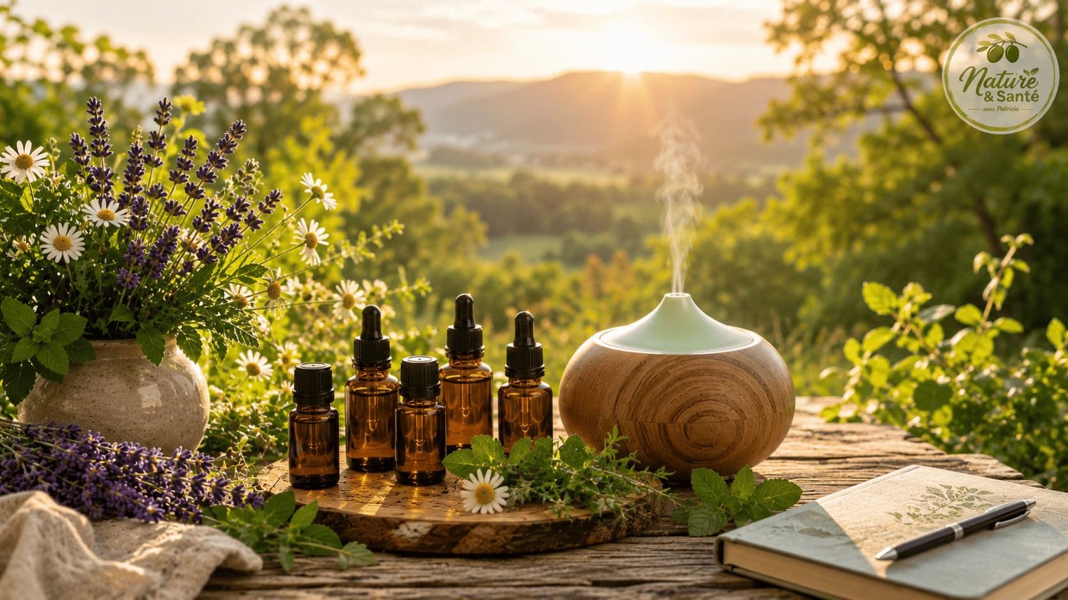 Diffuseur d’huiles essentielles avec lavande, agrumes et flacons ambrés dans une ambiance naturelle lumineuse et apaisante.ffuseur d’huiles essentielles entouré de lavande, agrumes, camomille et flacons ambrés dans une ambiance botanique apaisante.