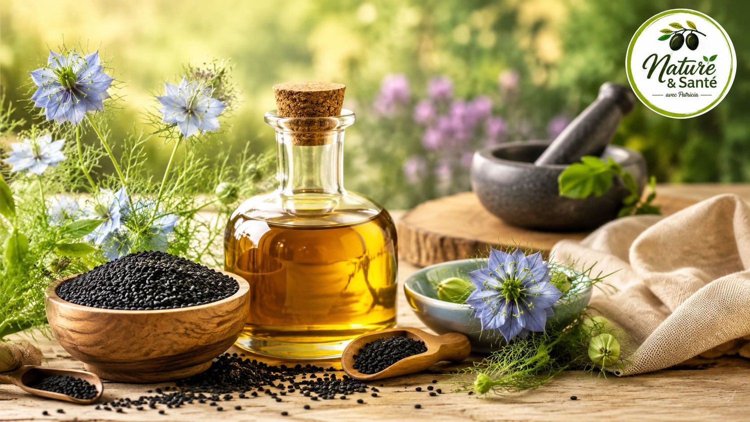 Découvrez les bienfaits de l'huile de nigelle (Nigella sativa) sur l'immunité, la digestion, la peau et les cheveux. Utilisations, recettes, précautions, contre-indications et conseils naturels dans ce guide complet.