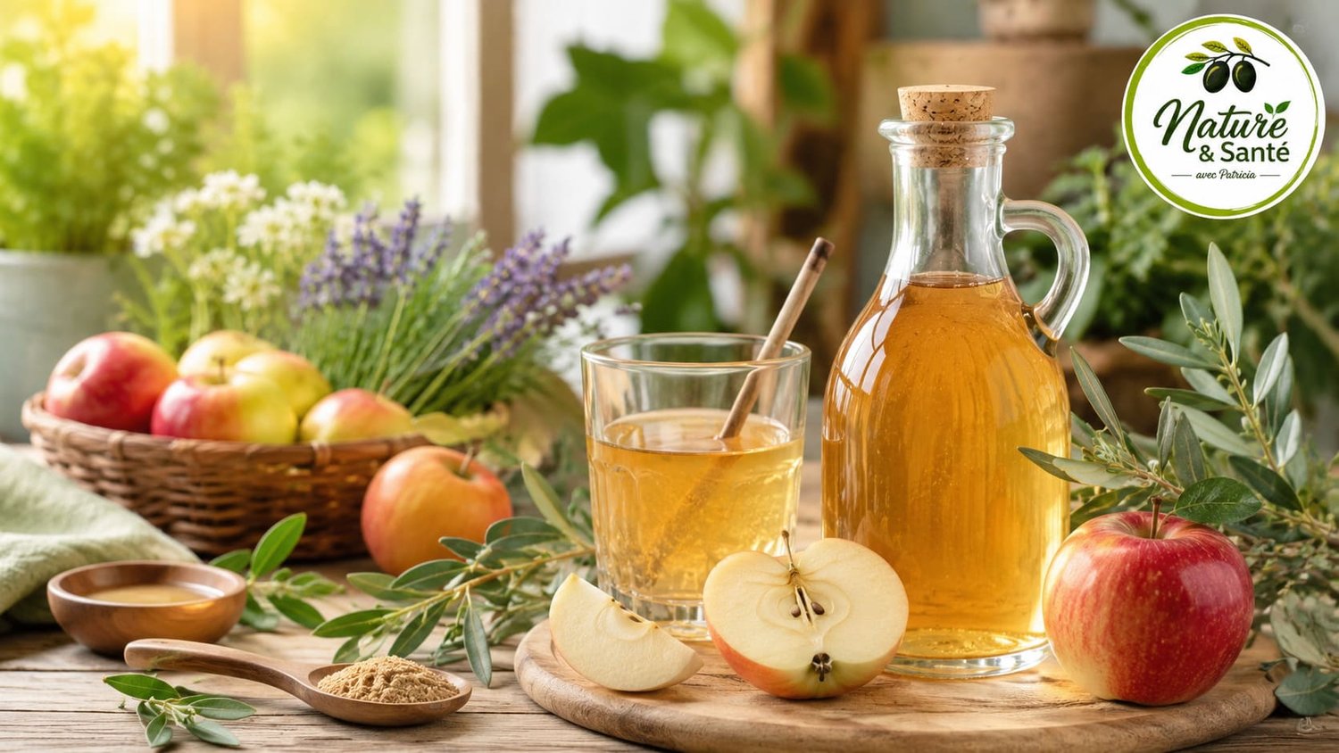 Magnifique composition naturelle mettant en scène du vinaigre de cidre artisanal avec des pommes fraîches, des plantes aromatiques et une ambiance lumineuse et chaleureuse. Cette image illustre les bienfaits du vinaigre de cidre pour la santé naturelle, l