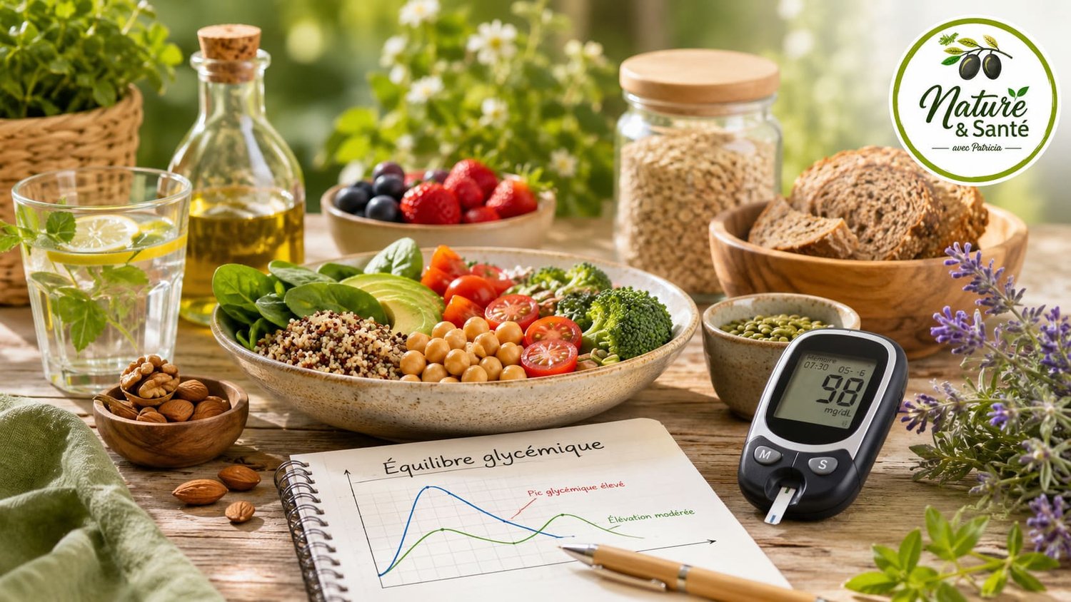 Image de couverture premium illustrant l'indice glycémique et l'équilibre de la glycémie grâce à une alimentation saine et naturelle. Composition mettant en scène des légumes frais, des légumineuses, des céréales complètes, des fruits rouges, des oléagine