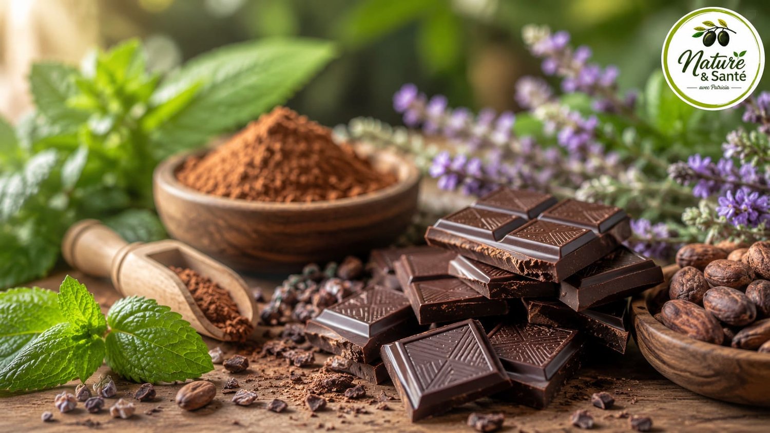 Tablette de chocolat noir riche en cacao accompagnée de poudre de cacao, fèves de cacao et plantes naturelles dans une ambiance chaleureuse et lumineuse, illustrant les bienfaits du chocolat noir pour la santé et le bien-être.