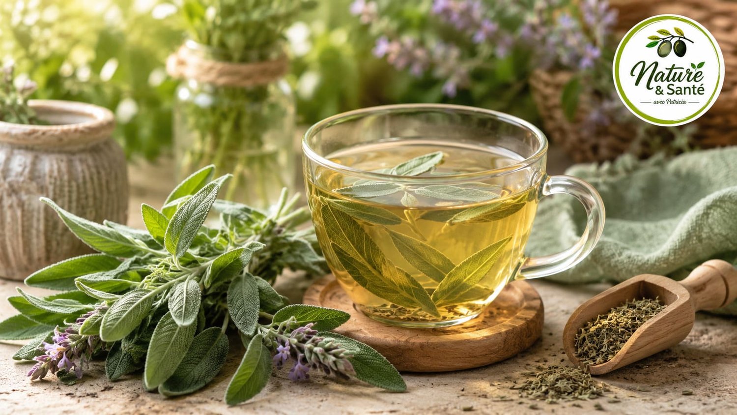 Infusion de sauge officinale et feuilles fraiches de sauge - bienfaits naturels pour la digestion, l'immunité et la ménopause