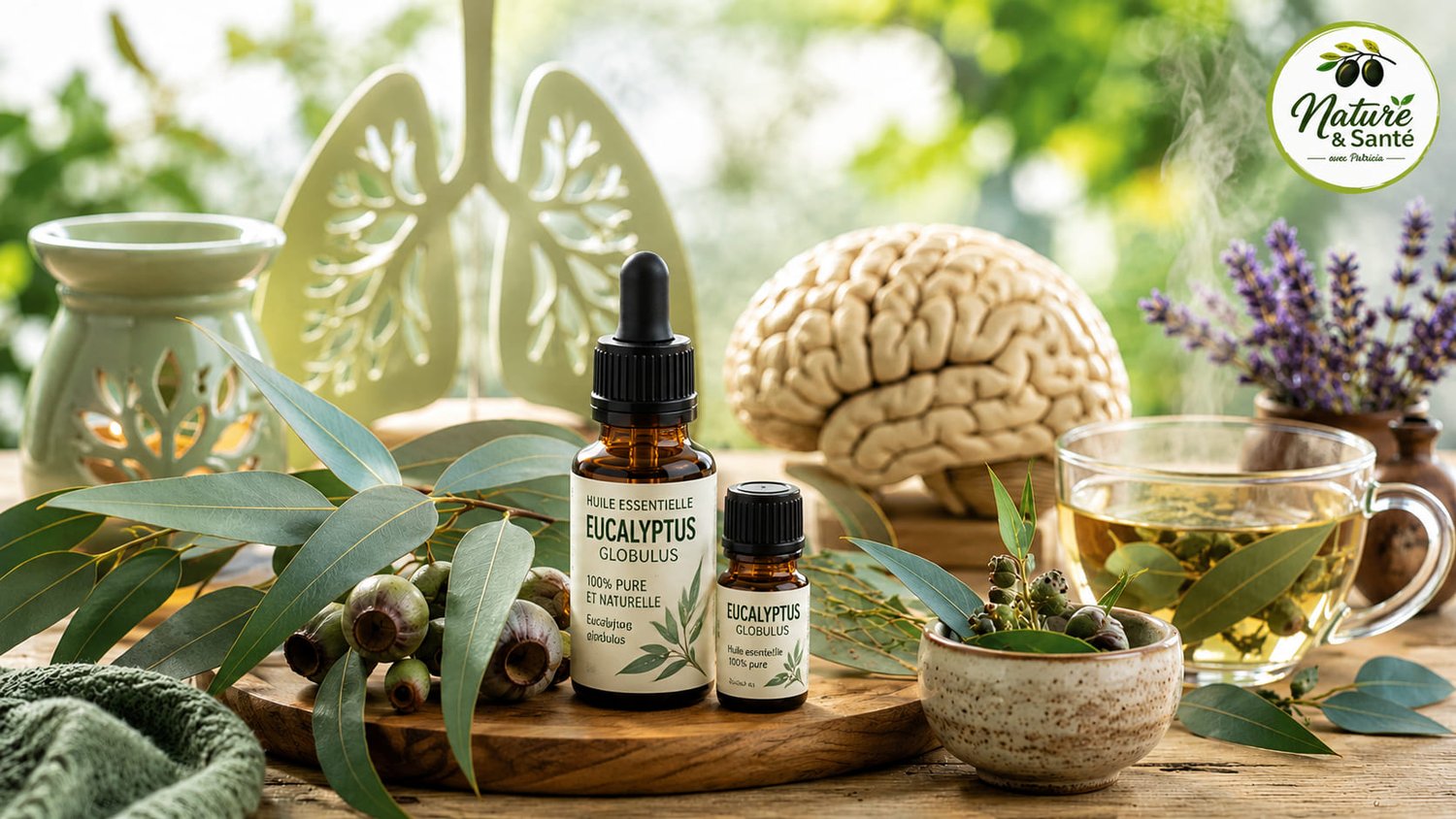 Huile essentielle d'eucalyptus globulus connue pour ses propriétés respiratoires, anti-inflammatoires et riches en 1.8-cinéole, intéressante aussi pour la mémoire, les fonctions cognitives et le vieillissement cérébral.