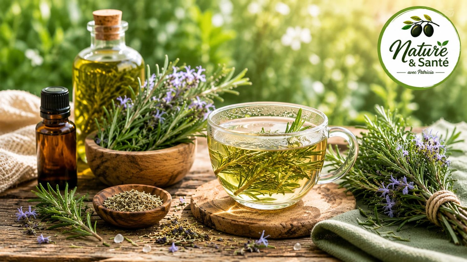 Les bienfaits du romarin : infusion de romarin, branches fraîches et huile essentielle dans une ambiance naturelle et chaleureuse.