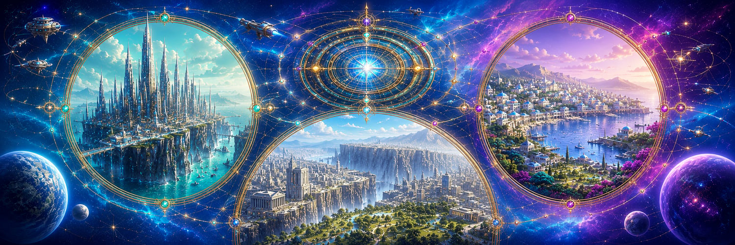 EG Manetti science fiction author Twelve Systems Chronicles header featuring futuristic cities, celestial maps, spacecraft, and cosmic artwork for an epic space opera romance brand.