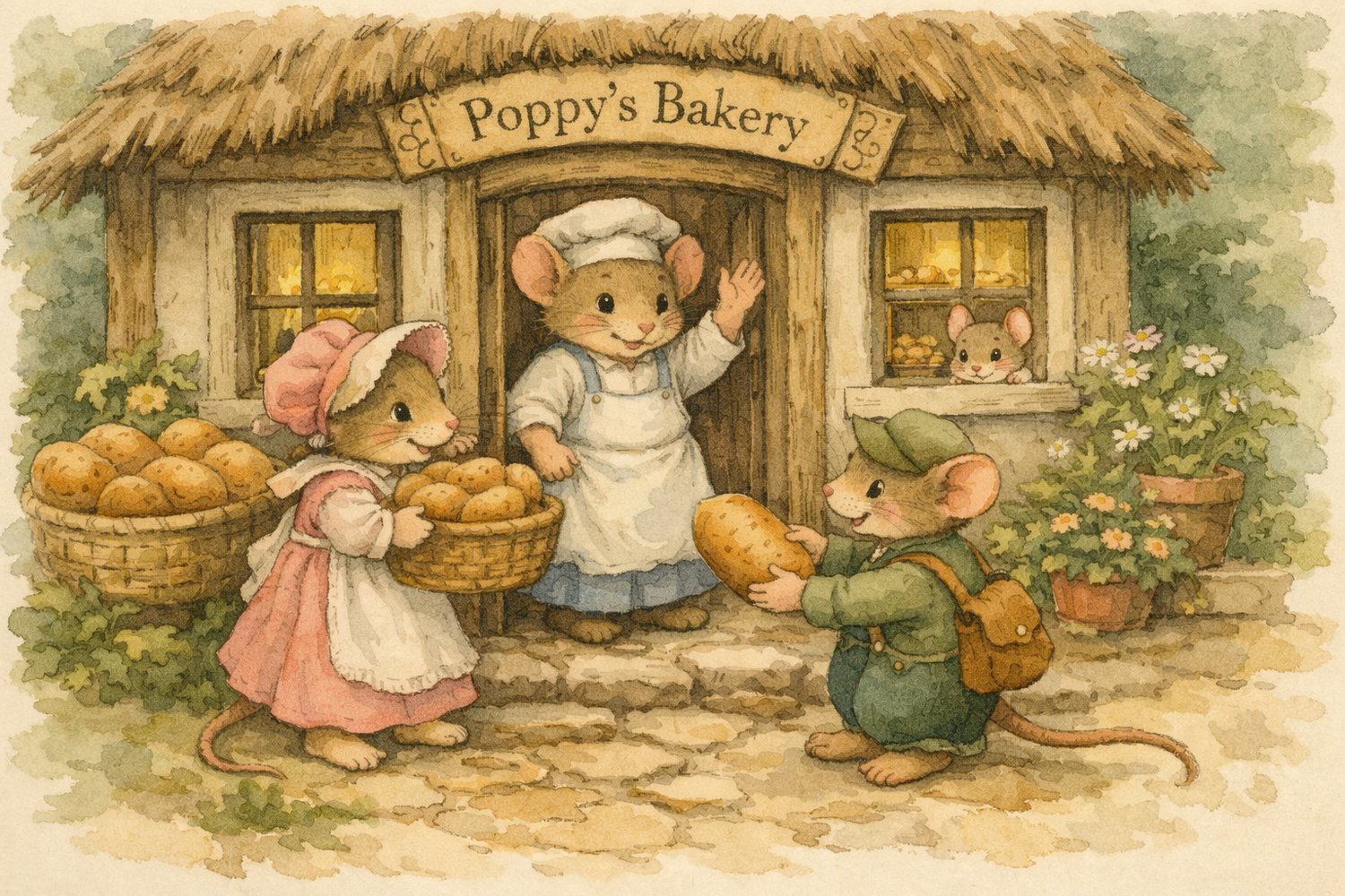 Soft watercolor mouse village in storybook style