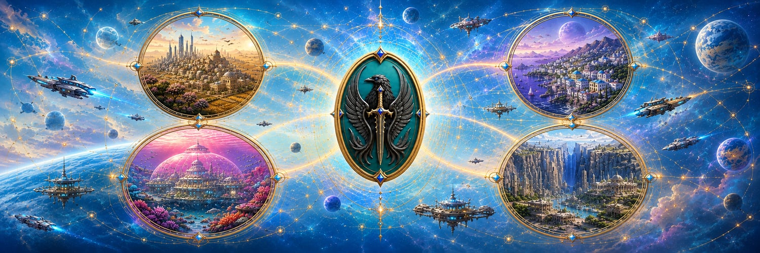 EG Manetti Thornscore series header featuring the Raven and Thorn emblem, planetary cityscapes, spacecraft, and cinematic science fiction artwork.
