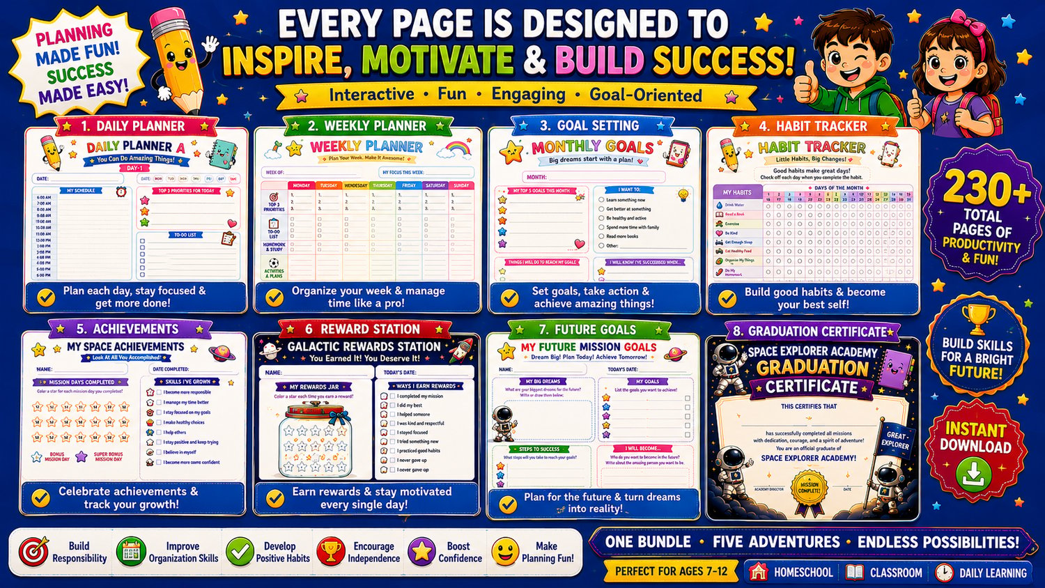 Kids Planners Mega Bundle educational planner collection featuring motivational activities, planning tools, and personal development resources for kids ages 7 to 12