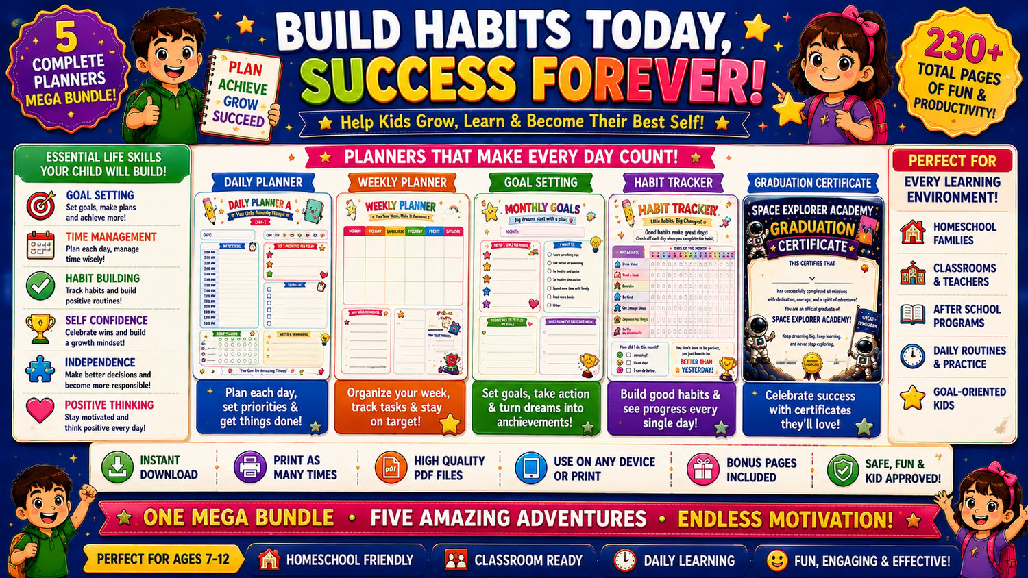 Kids Planners Mega Bundle printable educational resource designed for homeschooling, classroom use, daily routines, goal setting, and habit building for children
