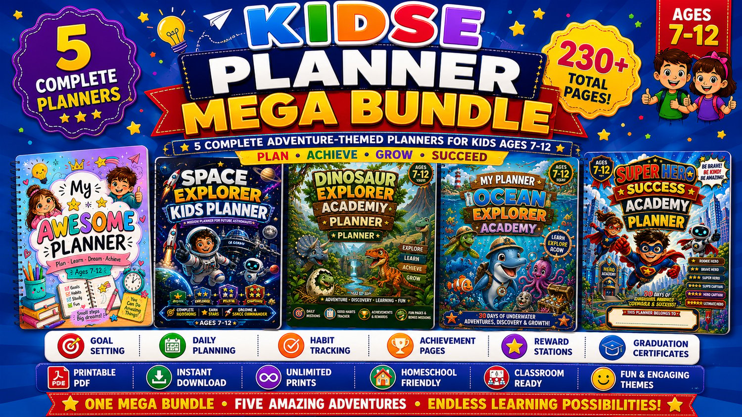 Kids Planners Mega Bundle featuring My Awesome Planner, Space Explorer Planner, Dinosaur Planner, Ocean Explorer Planner, and Super Hero Planner for children ages 7 to 12