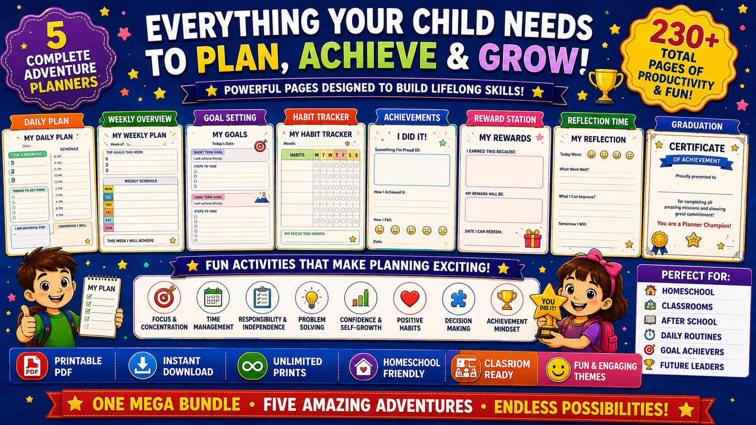 Kids Planners Mega Bundle contents overview featuring daily planner pages, weekly planning layouts, habit trackers, and goal setting activities for kids