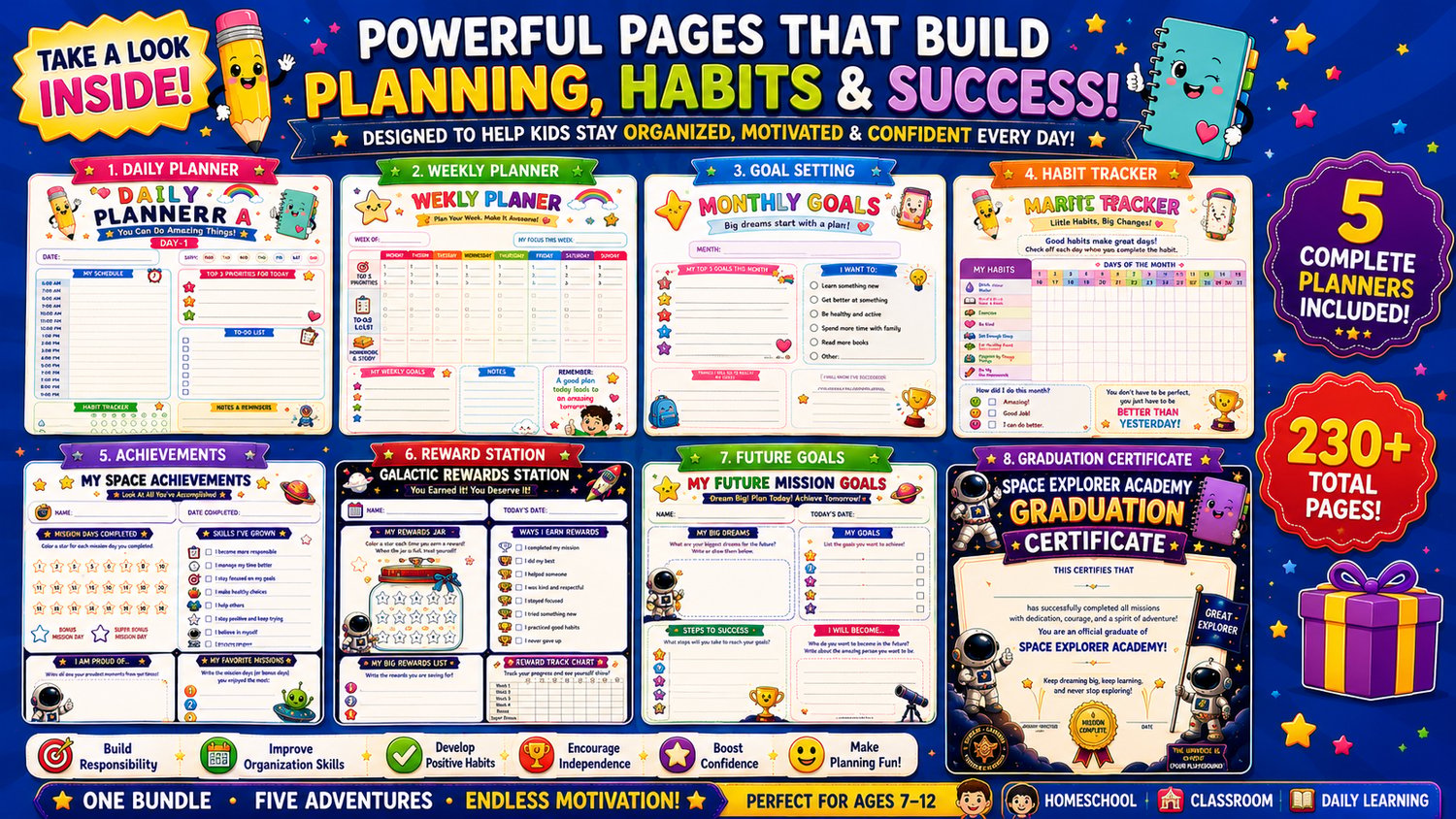 Kids Planners Mega Bundle printable planning pages designed to build organization skills, positive habits, productivity, and success habits for children