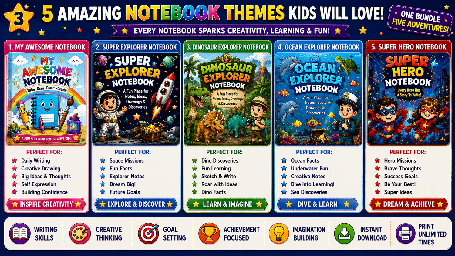 Kids Notebooks Mega Bundle educational notebook collection featuring five creative themes designed to encourage writing, imagination, and self-expression for children