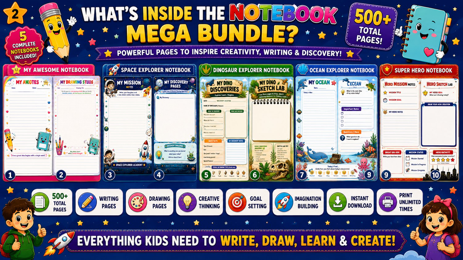 Kids Notebooks Mega Bundle contents overview featuring writing pages, drawing activities, discovery sections, creative exercises, and educational notebook pages for kids