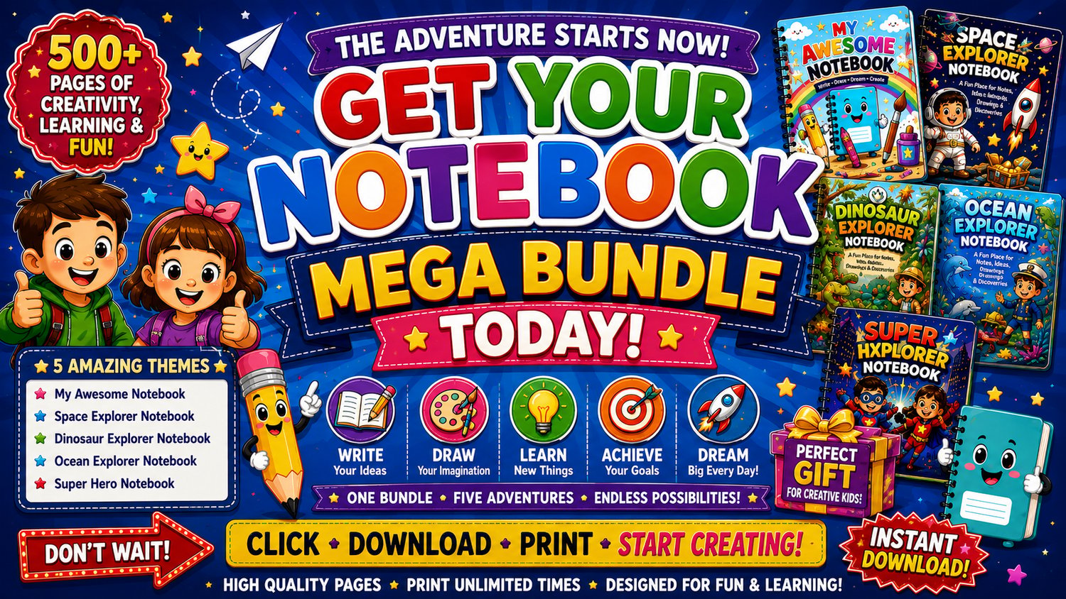 Kids Notebooks Mega Bundle printable collection encouraging creativity, learning, drawing, writing, and independent exploration through engaging notebook activities