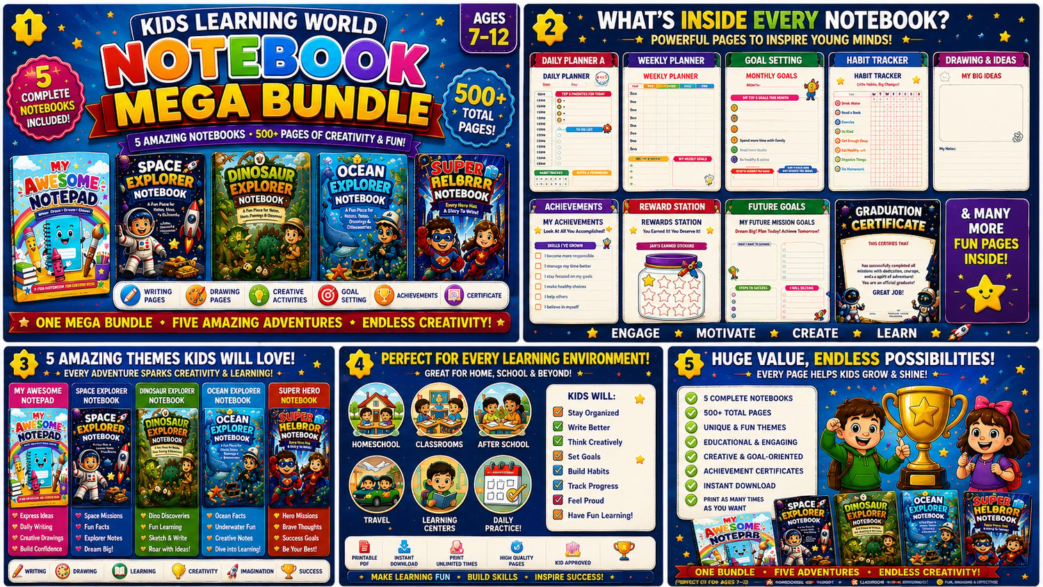 Kids Notebooks Mega Bundle featuring My Awesome Notebook, Space Explorer Notebook, Dinosaur Explorer Notebook, Ocean Explorer Notebook, and Super Hero Notebook for children ages 7 to 12