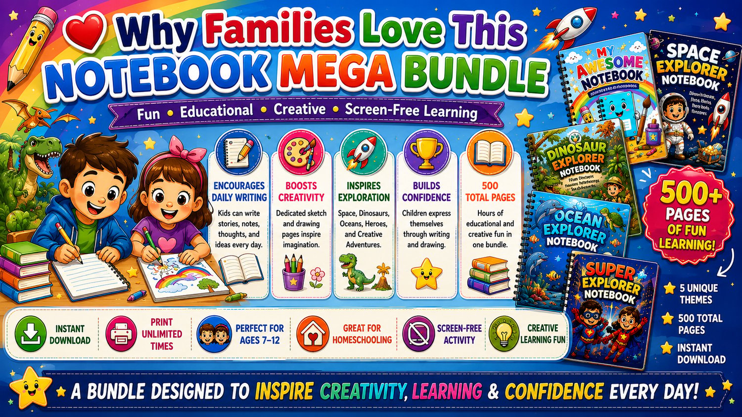 Kids Notebooks Mega Bundle printable educational resource designed for homeschooling, classroom activities, creative writing, and daily learning for kids ages 7 to 12