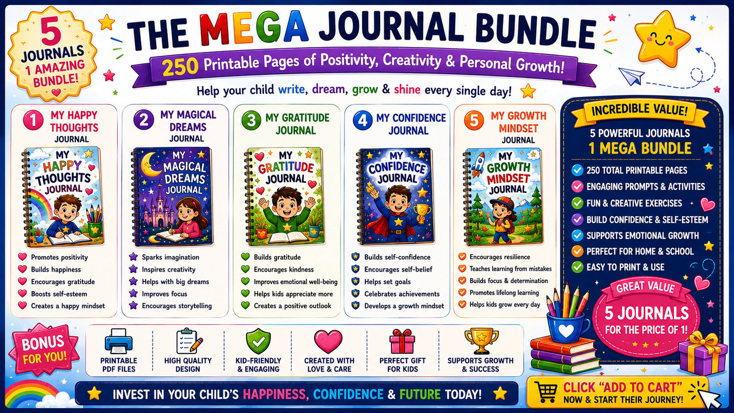 Kids Journals Mega Bundle printable collection encouraging self-expression, emotional growth, positive thinking, creativity, and personal development through engaging journaling activities