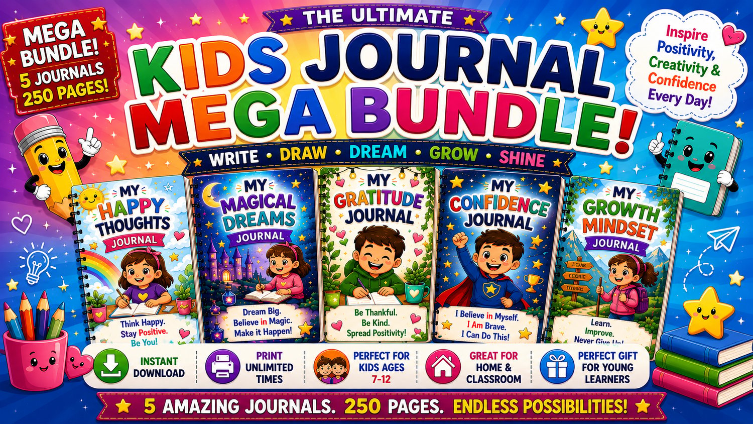 Kids Journals Mega Bundle featuring Happy Thoughts Journal, Magical Dreams Journal, Gratitude Journal, Confidence Journal, and Growth Mindset Journal for children ages 7 to 12