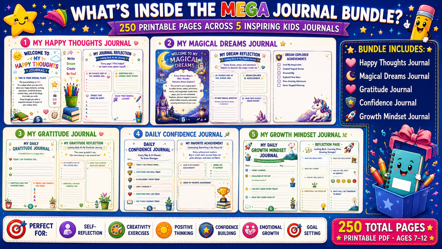 Kids Journals Mega Bundle contents overview featuring daily reflection pages, gratitude activities, positive affirmations, self-esteem exercises, and personal growth activities for kids