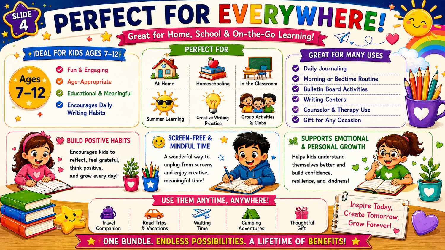 Kids Journals Mega Bundle printable educational resource designed for homeschooling, classroom activities, social emotional learning, and daily reflection for kids ages 7 to 12