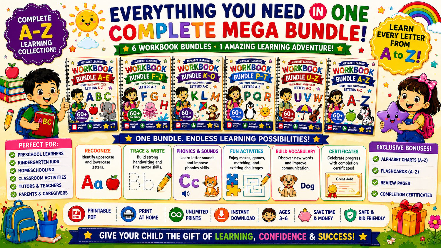 Alphabet Learning Mega Bundle A to Z printable educational resource designed for homeschooling, preschool, kindergarten, and classroom alphabet learning activities