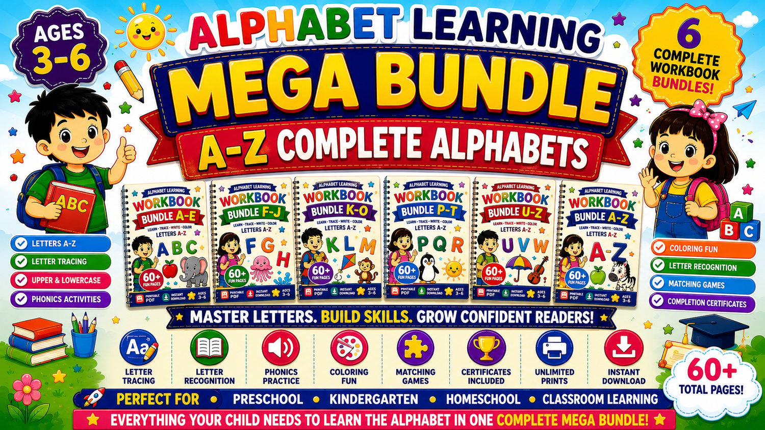 Alphabet Learning Mega Bundle A to Z printable educational worksheets collection featuring all alphabet letters with tracing, matching, and phonics activities for children