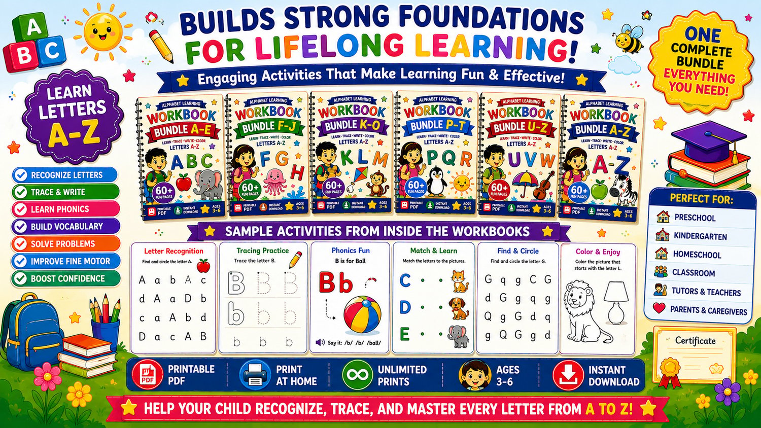 Alphabet Learning Mega Bundle A to Z educational resource designed to build early literacy, handwriting, phonics, and preschool learning skills for children ages 3 to 6