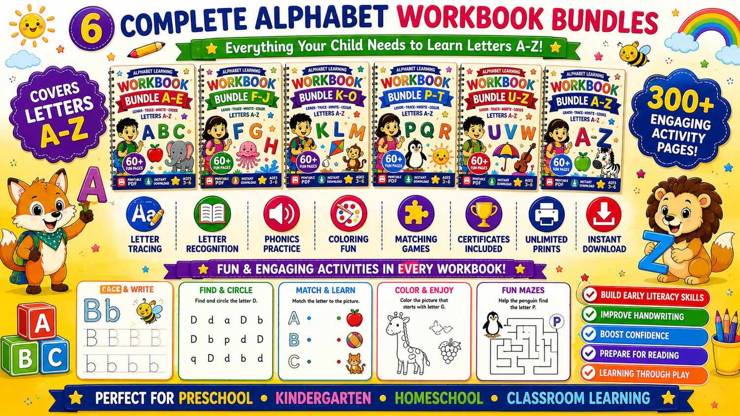 Alphabet Learning Mega Bundle A to Z contents overview featuring complete alphabet workbooks, letter recognition activities, tracing practice, and early learning worksheets
