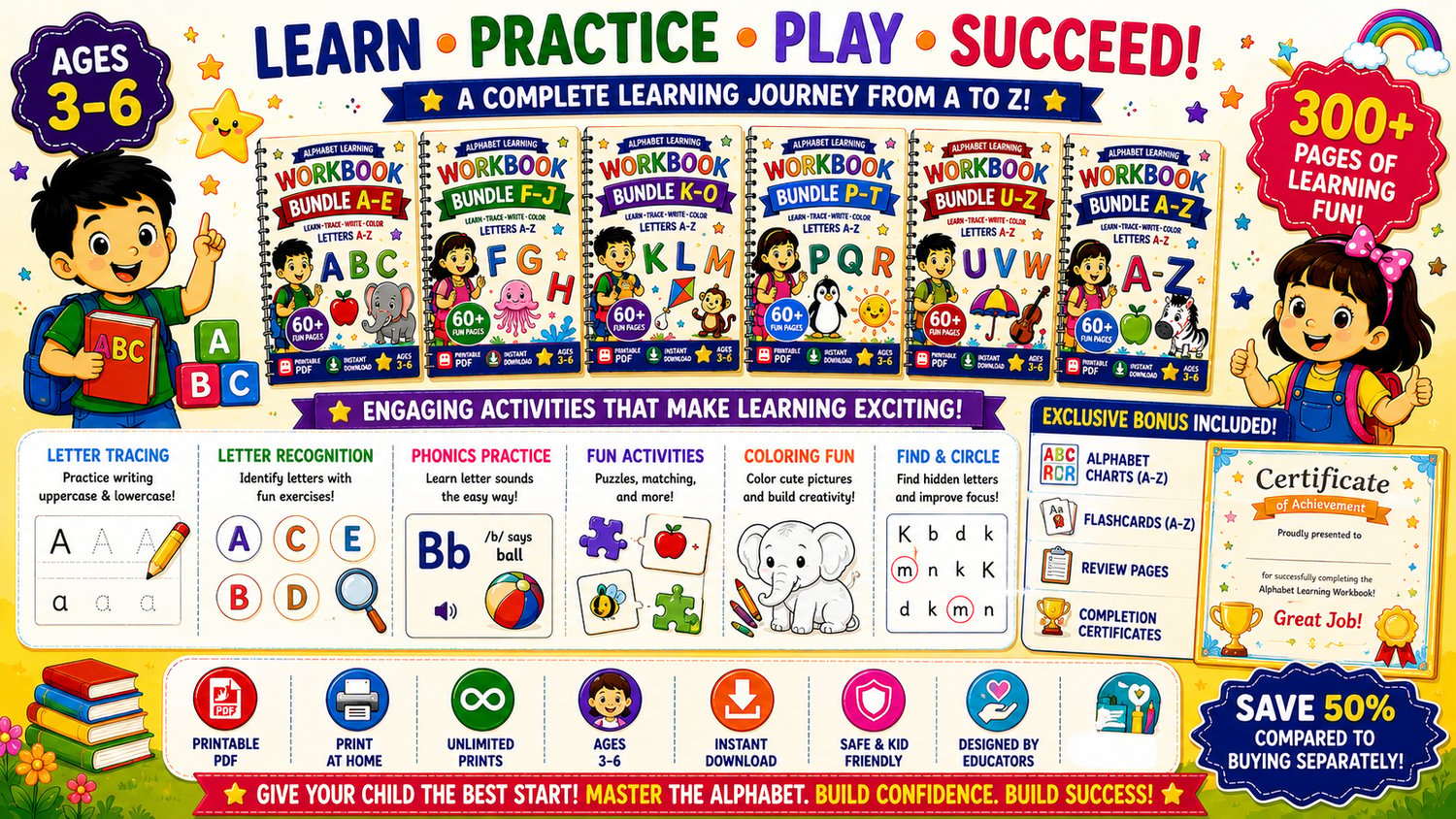 Alphabet Learning Mega Bundle A to Z printable activities including letter tracing worksheets, coloring pages, matching games, and preschool educational activities