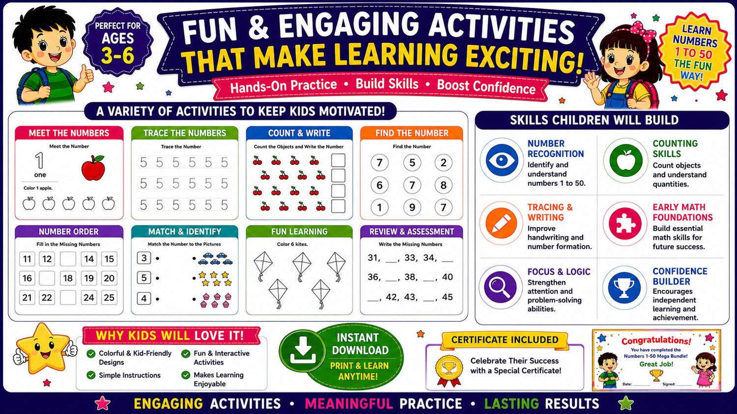 Numbers Learning Mega Bundle 1 to 50 printable activities including number tracing worksheets, counting games, matching exercises, and preschool educational activities