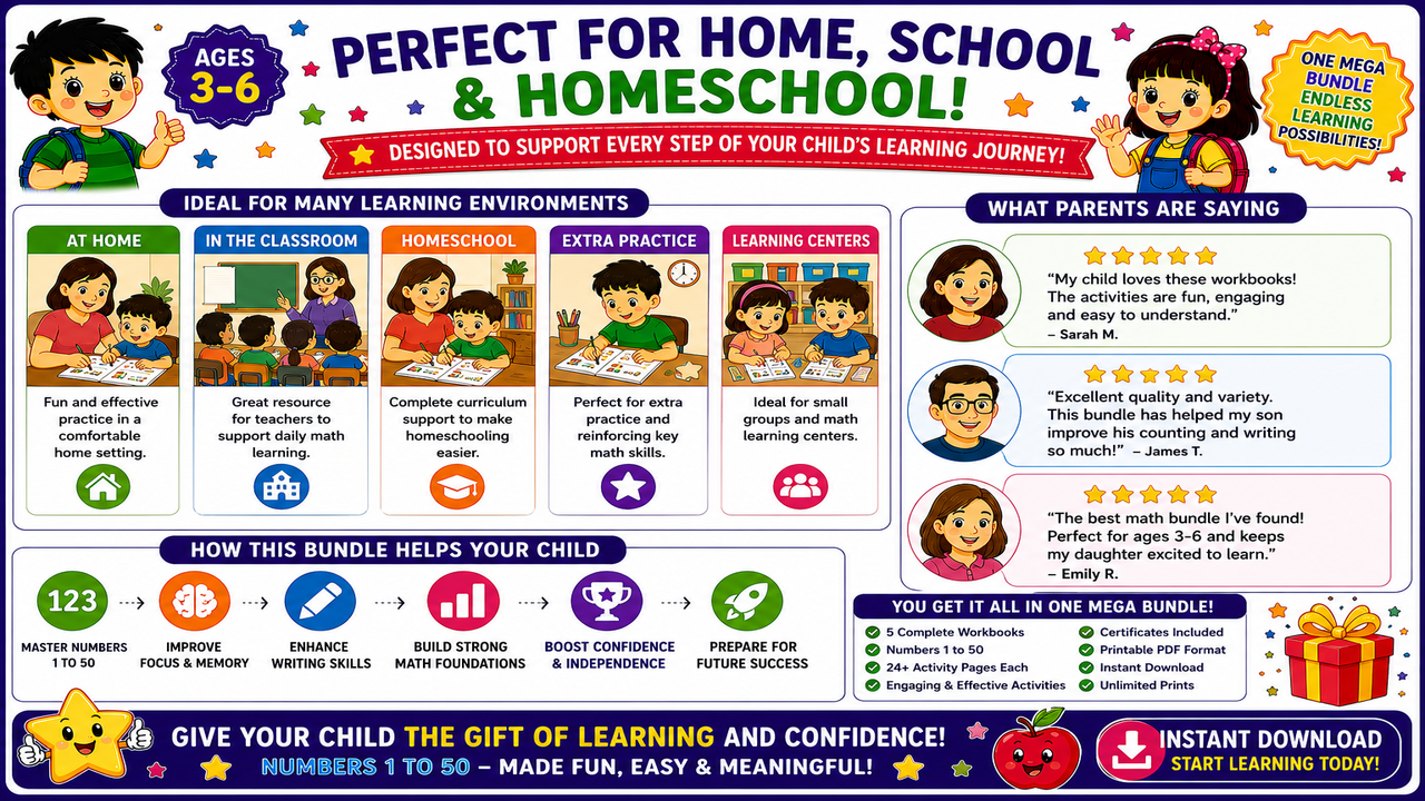 Numbers Learning Mega Bundle 1 to 50 printable educational resource designed for homeschooling, preschool, kindergarten, and classroom math learning activities
