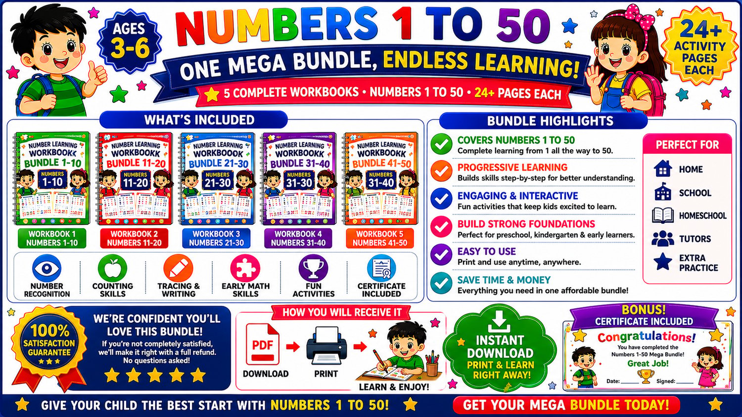 Numbers Learning Mega Bundle 1 to 50 educational workbook collection designed to improve counting, number recognition, handwriting, and early math readiness for children ages 3 to 6