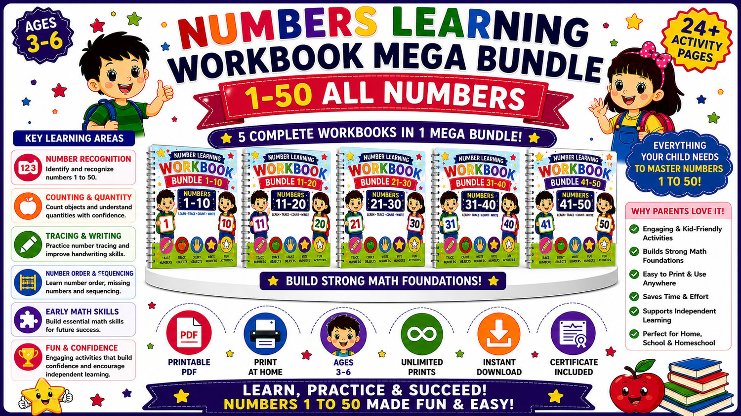Numbers Learning Mega Bundle 1 to 50 printable educational worksheets collection featuring all number workbooks with tracing, counting, and preschool math activities for children