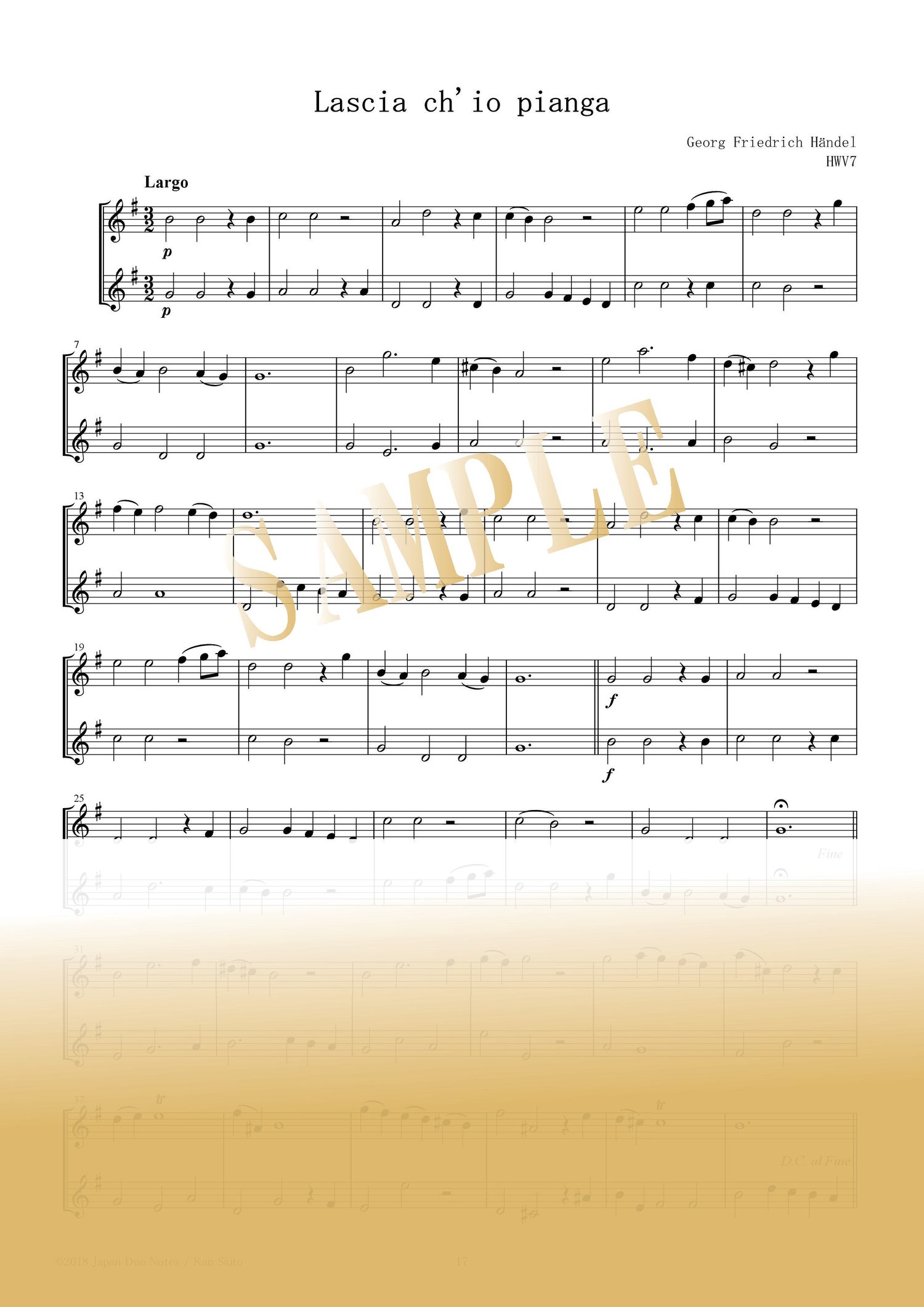 Sample page from Lascia ch’io pianga by Handel – flute duet score for two flutes