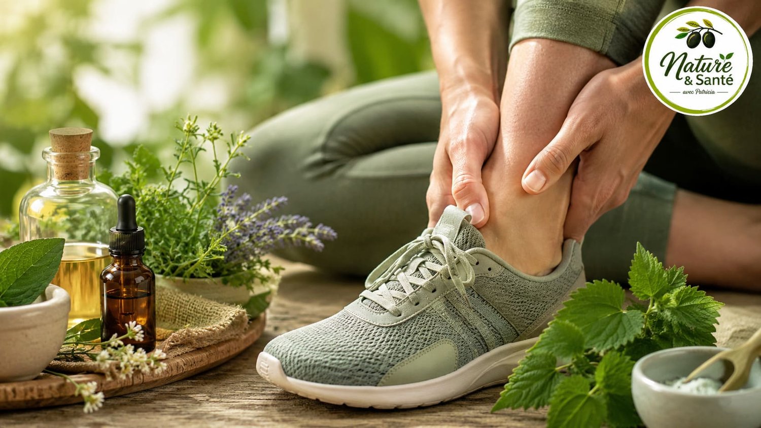Illustration d'une tendinite avec huiles essentielles, plantes médicinales et remèdes naturels pour soulager la douleur et favoriser la réparation des tendons.