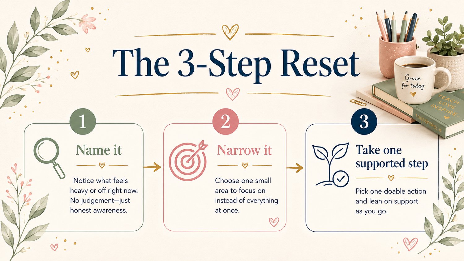 Alt text: An infographic for early-career teachers titled "The 3-Step Reset" in dark navy serif font on a cream background. Three numbered steps are displayed in connected boxes with arrows between them. Step 1 in sage green: "Name it — Notice what feels heavy or off right now. No judgement, just honest awareness." accompanied by a magnifying glass icon. Step 2 in blush pink: "Narrow it — Choose one small area to focus on instead of everything at once." accompanied by a target icon. Step 3 in dark navy: "Take one supported step — Pick one doable action and lean on support as you go." accompanied by a sprouting plant icon. The top right features a styled photo of a pink pencil cup, a white mug reading "Grace for today," and stacked green journals. Watercolour botanicals and small gold and pink hearts decorate the corners.