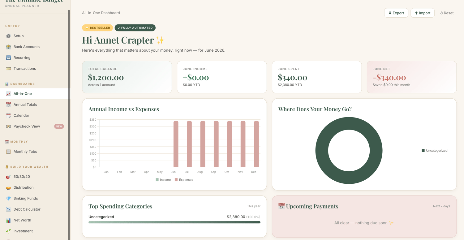 Ultimate Budget Planner 2026 | Interactive Annual Budget Tracker | Monthly Bill Tracker, Debt Payoff, Sinking Funds, Net Worth & 50/30/20 Dashboard | Works on Any Device