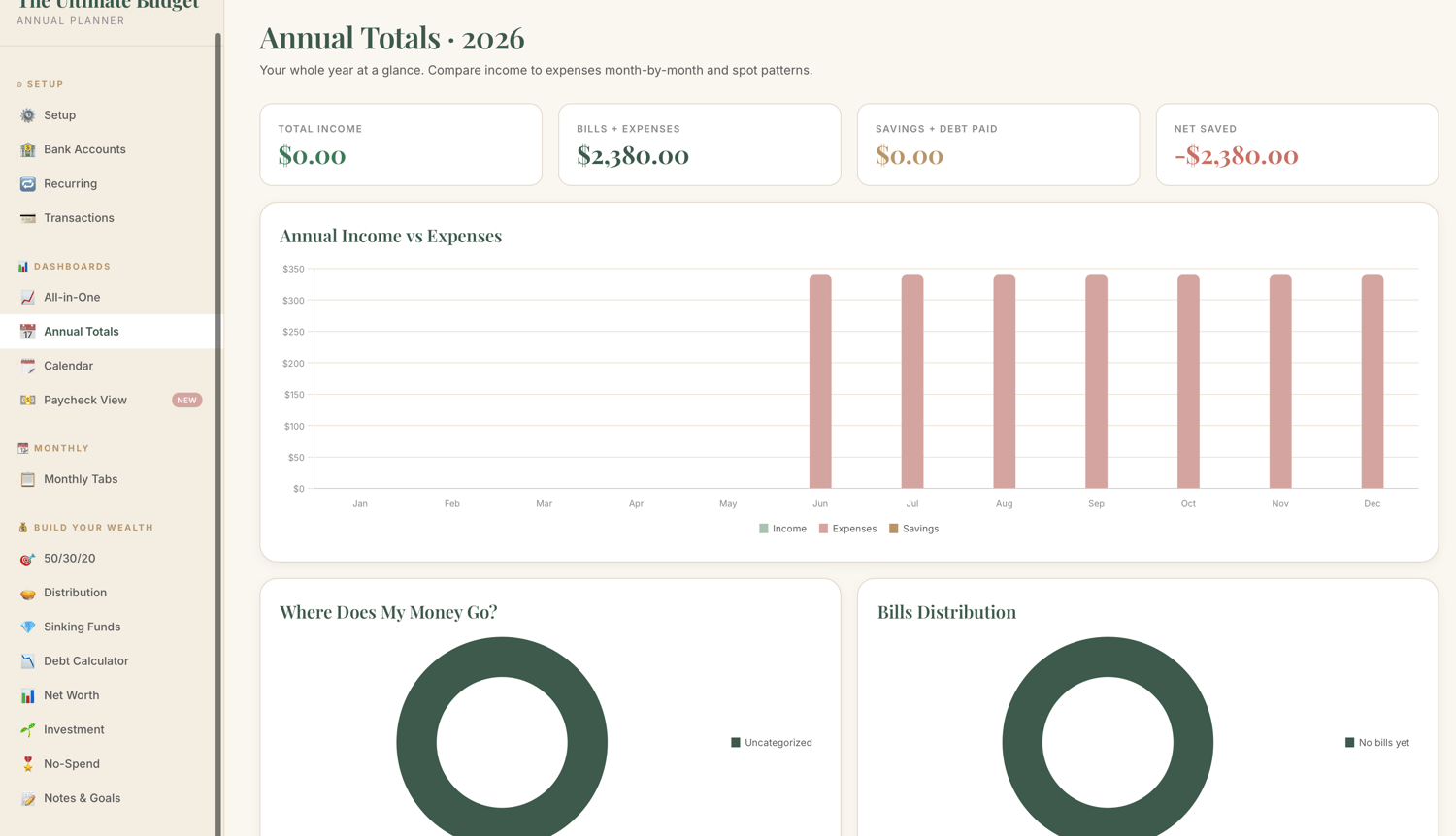 Ultimate Budget Planner 2026 | Interactive Annual Budget Tracker | Monthly Bill Tracker, Debt Payoff, Sinking Funds, Net Worth & 50/30/20 Dashboard | Works on Any Device