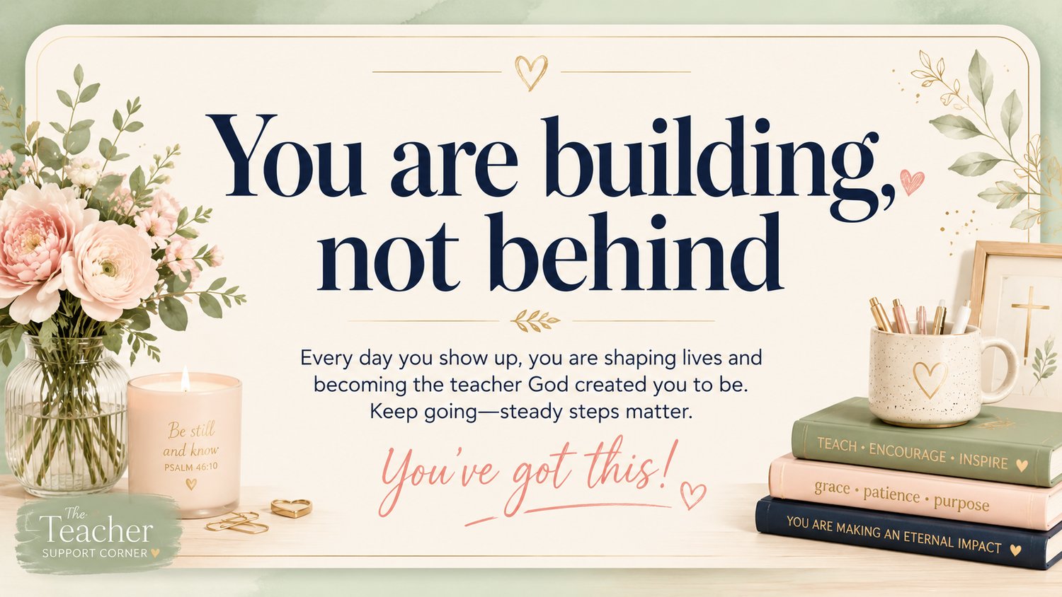 A closing encouragement graphic for early-career teachers from The Teacher Support Corner with the bold headline "You are building, not behind" in dark navy on a cream background. Below the headline the text reads: "Every day you show up, you are shaping lives and becoming the teacher God created you to be. Keep going — steady steps matter." followed by "You've got this!" in blush pink handwritten script. The left side features a glass vase of pink peonies and ranunculus, a blush candle reading "Be still and know — Psalm 46:10," and small gold heart paper clips. The right side shows a cream speckled mug with a gold heart holding pens and pencils, stacked beside three books labelled "Teach · Encourage · Inspire," "grace · patience · purpose," and "You are making an eternal impact." The Teacher Support Corner logo appears in the bottom left corner on a sage green brushstroke. Soft watercolour botanicals frame the top corners.