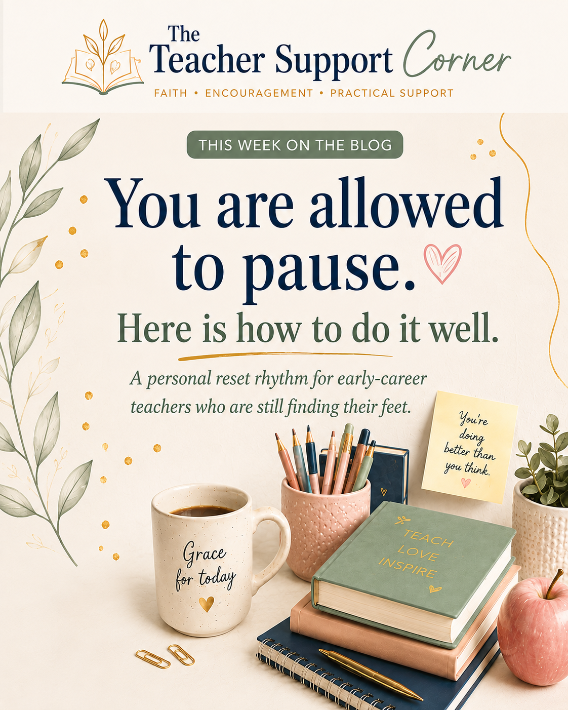 Blog banner for The Teacher Support Corner with a calm pastel teacher desk scene, including books, pencils, a mug, an apple, and soft botanical accents. The main text reads, “You are allowed to pause. Here is how to do it well,” with the subtitle, “A pers