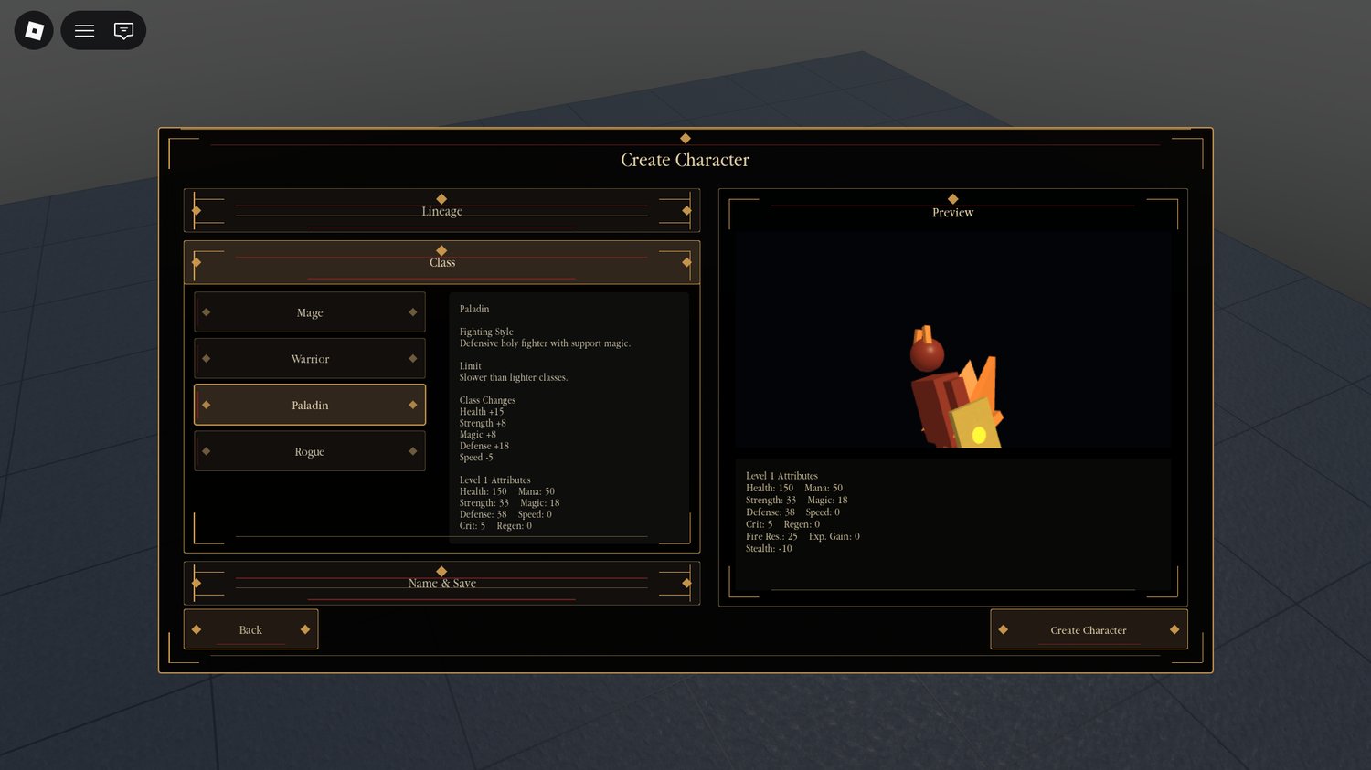 Roblox class selection