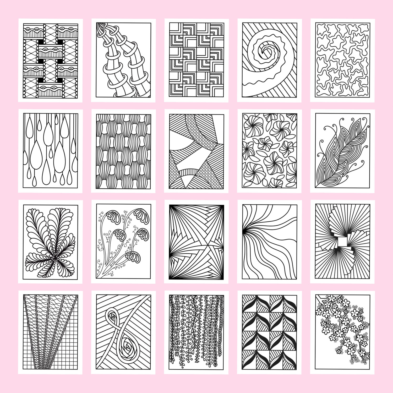 Printable abstract coloring book featuring 50 hand-drawn pattern coloring pages for relaxation, mindfulness, doodling, and digital or printed coloring.